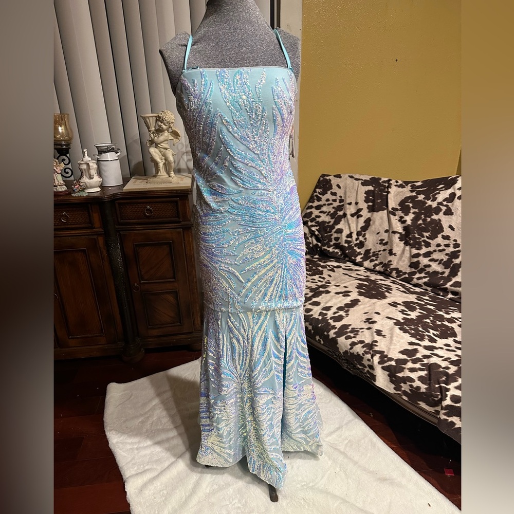Morgan & Co. Strapless Light Blue and White Dress